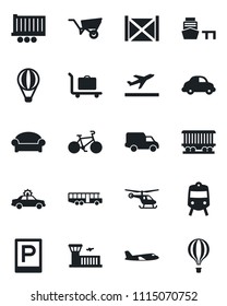 Set of vector isolated black icon - departure vector, baggage trolley, airport bus, parking, train, waiting area, alarm car, plane, helicopter, building, wheelbarrow, bike, railroad, truck trailer