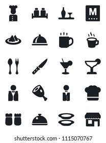 Set of vector isolated black icon - spoon and fork vector, coffee, waiter, cook, dish, alcohol, serviette, hat, menu, cocktail, plates, salt pepper, ham, knife, storefront