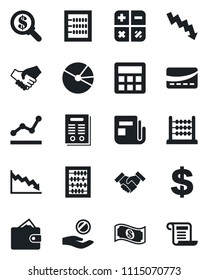 Set of vector isolated black icon - dollar sign vector, calculator, abacus, crisis graph, news, pie, point, handshake, contract, credit card, wallet, money search, investment, cash