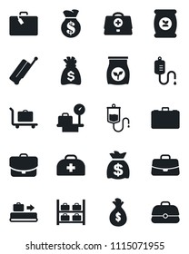 Set of vector isolated black icon - suitcase vector, baggage conveyor, trolley, luggage storage, scales, case, money bag, fertilizer, doctor, dropper