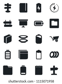 Set of vector isolated black icon - signpost vector, notepad, presentation board, wheelbarrow, battery, low, folder, charge, blank box, plates, guidepost