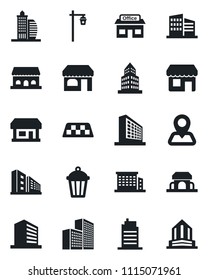 Set of vector isolated black icon - taxi vector, shop, office building, garden light, navigation, store, city house, cafe, storefront