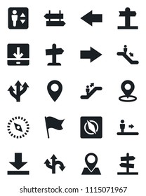 Set of vector isolated black icon - elevator vector, escalator, signpost, right arrow, left, route, pin, download, place tag, compass, flag, guidepost