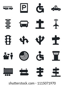 Set of vector isolated black icon - airport tower vector, plane radar, bus, parking, passport control, signpost, alarm car, disabled, route, traffic light, truck trailer, guidepost