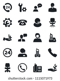Set of vector isolated black icon - 24 around vector, office chair, phone, hours, support, speaker, radio, call, root setup, palm sproute