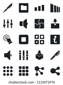 Set of vector isolated black icon - package vector, sorting, settings, touch screen, stop button, menu, folder, application, pen, sound, information, social media