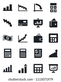 Set of vector isolated black icon - credit card vector, growth statistic, calculator, crisis graph, receipt, bar, wallet, cash, presentation