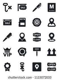 Set of vector isolated black icon - vip vector, pen, stamp, plant label, navigation, pin, up side sign, no hook, sd, place tag, sertificate, sale, menu, open close