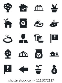 Set of vector isolated black icon - left arrow vector, contract, seedling, greenhouse, pond, fertilizer, important flag, house with tree, fruit, estate agent, eco, money bag