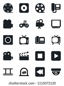 Set of vector isolated black icon - ticket office vector, clapboard, film frame, reel, tv, gamepad, video camera, play button, stop, rewind, rec, record, intercome, surveillance