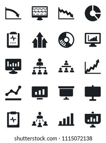Set of vector isolated black icon - hierarchy vector, presentation board, statistic monitor, circle chart, pulse, clipboard, statistics, bar graph, point, arrow up, growth, crisis