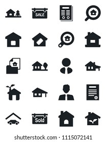 Set of vector isolated black icon - house vector, contract, with garage, tree, estate document, sale, sold signboard, search, agent, smart home, eco