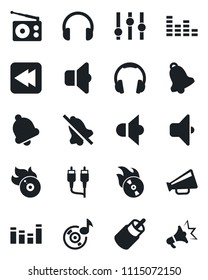Set of vector isolated black icon - flame disk vector, radio, speaker, loudspeaker, settings, equalizer, headphones, rewind, rca, bell, mute, music, sound, advertising