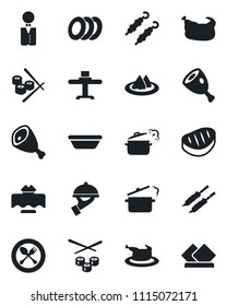 Set of vector isolated black icon - spoon and fork vector, waiter, restaurant table, serviette, plates, chicken, steak, kebab, ham, bowl, steaming pan, sushi