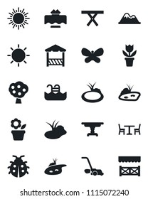 Set of vector isolated black icon - cafe vector, sun, flower in pot, lawn mower, butterfly, lady bug, pond, picnic table, pool, fruit tree, mountains, restaurant, alcove