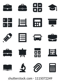 Set of vector isolated black icon - airport bus vector, checkroom, book, calculator, graduate, abacus, presentation board, microscope, case, paper clip, pencil