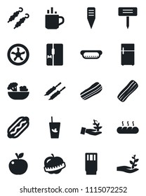 Set of vector isolated black icon - hot cup vector, plant label, diet, fridge, drink, phyto bar, salad, bacon, bread, kebab, dog, apple fruit, fan, palm sproute