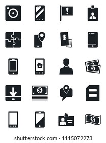 Set of vector isolated black icon - mobile phone vector, identity card, document, important flag, cash, tracking, cell, camera, user, download, application, restaurant receipt, home control app