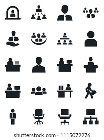 Set of vector isolated black icon - reception vector, manager, office chair, place, client, user, company, desk, hierarchy, estate agent, group