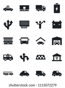 Set of vector isolated black icon - dispatcher vector, taxi, airport bus, alarm car, ambulance, route, railroad, truck trailer, delivery, garage, gate control, battery