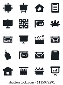 Set of vector isolated black icon - flight table vector, presentation board, meeting, clipboard, clapboard, sale, rooms, sold signboard, smart home, cutting, chip