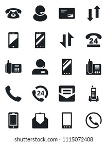Set of vector isolated black icon - mobile phone vector, office, 24 hours, support, cell, radio, mail, call, data exchange