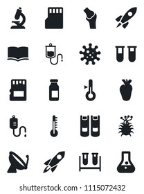 Set of vector isolated black icon - satellite antenna vector, book, blood test vial, dropper, microscope, ampoule, real heart, joint, virus, sd, thermometer, rocket, flask