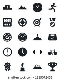 Set of vector isolated black icon - pedestal vector, medal, barbell, bike, run, heavy, clock, stopwatch, target, mountains, award cup