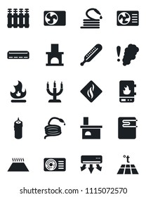 Set of vector isolated black icon - fire vector, hose, fireplace, thermometer, air conditioner, candle, water heater, smoke detector, radiator, warm floor