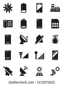 Set of vector isolated black icon - virus vector, satellite antenna, cell phone, low battery, mobile, back, sim, mute, cellular signal, office, sun panel
