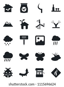 Set of vector isolated black icon - storm cloud vector, butterfly, lady bug, rain, well, sickle, plant label, caterpillar, pond, fertilizer, gallery, windmill, mountains, alcohol, eco house