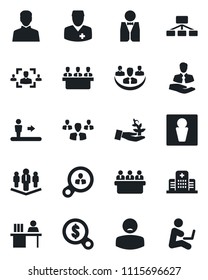 Set of vector isolated black icon - escalator vector, male, meeting, hospital, doctor, patient, client, user, company, hr, manager desk, waiter, consumer search, group, palm sproute, money
