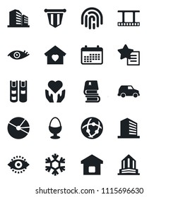 Set of vector isolated black icon - office building vector, pennant, heart hand, eye, film frame, favorites list, network, id, fingerprint, pie graph, book, sweet home, smart, egg stand, snowflake