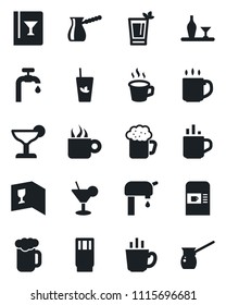 Set of vector isolated black icon - hot cup vector, coffee machine, water supply, alcohol, wine card, drink, cocktail, phyto bar, beer, turkish
