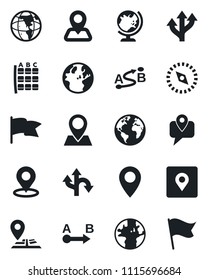 Set of vector isolated black icon - globe vector, seat map, route, navigation, earth, pin, mobile tracking, place tag, compass, flag