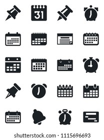 Set of vector isolated black icon - alarm clock vector, drawing pin, calendar, term, paper, bell, schedule