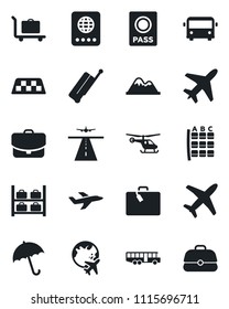 Set of vector isolated black icon - plane vector, runway, taxi, suitcase, baggage trolley, airport bus, umbrella, passport, helicopter, seat map, luggage storage, globe, mountains, case