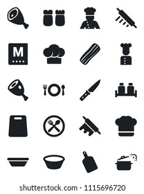 Set of vector isolated black icon - cook vector, cafe, hat, menu, bacon, salt and pepper, ham, bowl, rolling pin, cutting board, knife, steaming pan