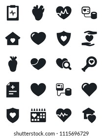 Set of vector isolated black icon - heart vector, pulse, diagnosis, blood pressure, diagnostic, shield, hand, real, medical calendar, clipboard, sweet home