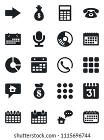 Set of vector isolated black icon - right arrow vector, calendar, circle chart, microphone, menu, calculator, phone, home message, money bag