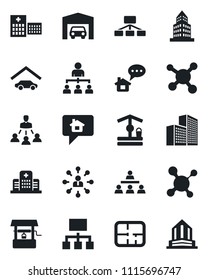 Set of vector isolated black icon - hierarchy vector, well, molecule, hospital, office building, garage, plan, home message