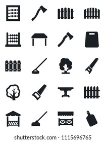Set of vector isolated black icon - fence vector, tree, saw, hoe, axe, abacus, table, alcove, cutting board