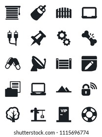 Set of vector isolated black icon - satellite antenna vector, notebook pc, drawing pin, tree, pills, broken bone, container, laptop, rca, notes, document folder, mountains, fence, crane, vip zone