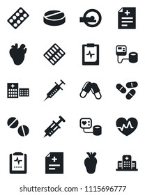 Set of vector isolated black icon - heart pulse vector, diagnosis, syringe, blood pressure, pills, blister, tomography, real, clipboard, hospital