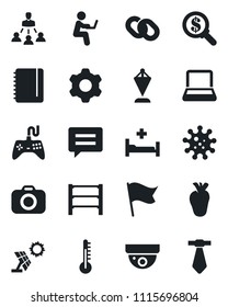 Set of vector isolated black icon - pennant vector, notepad, hospital bed, real heart, virus, rack, camera, gamepad, chain, message, settings, notebook pc, hierarchy, thermometer, sun panel, flag