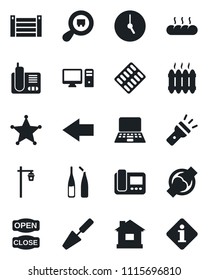 Set of vector isolated black icon - left arrow vector, notebook pc, trowel, house, garden light, pills blister, ampoule, joint, container, search cargo, radio phone, clock, torch, heater, bread