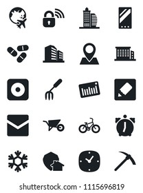 Set of vector isolated black icon - plane globe vector, garden fork, wheelbarrow, pills, bike, pin, barcode, rec button, mobile, clock, alarm, mail, notes, office building, wireless lock, snowflake