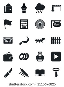 Set of vector isolated black icon - barrier vector, book, abacus, printer, fence, rain, sickle, garden knife, caterpillar, vinyl, play button, ink pen, rent, plates, rolling pin, wallet, flag, tie