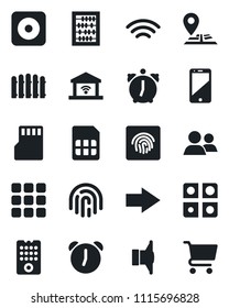 Set of vector isolated black icon - right arrow vector, abacus, fence, navigation, speaker, cell phone, group, rec button, menu, alarm, sd, sim, wireless, fingerprint id, application, remote control