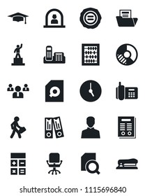 Set of vector isolated black icon - reception vector, office chair, pedestal, calculator, team, binder, graduate, abacus, circle chart, stamp, phone, user, clock, document folder, search, contract